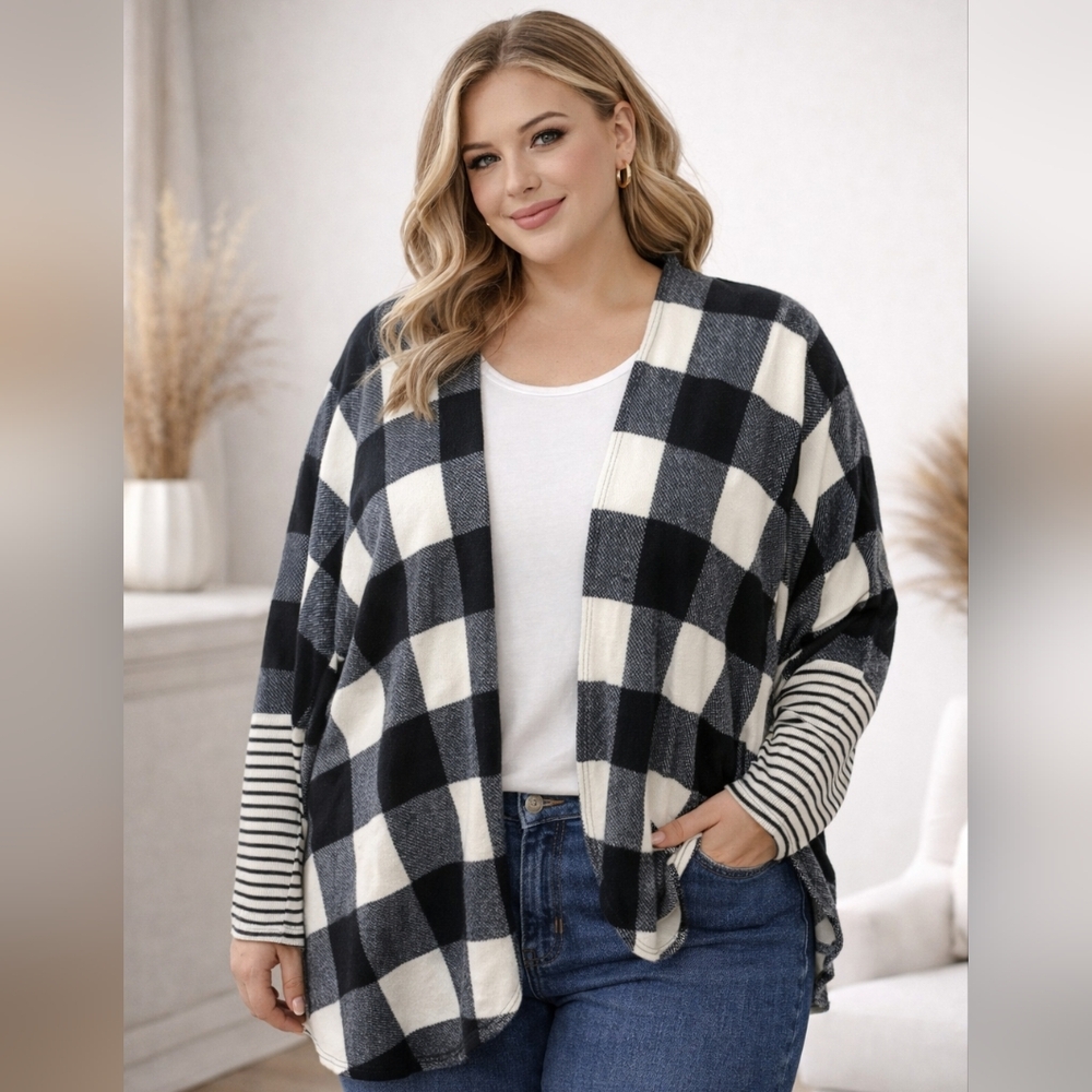 Heimish Usa 3x Black & White Buffalo Plaid Open Front Cardigan | Plus Size Cozy